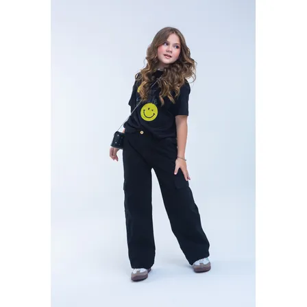 Calça Wide Leg Juvenil Cargo Jeans Escolar Ajustável Panta