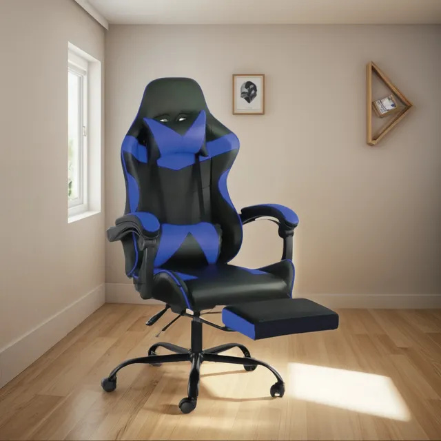 Silla Gamer Lumax Modelo Rom Color Negro/Azul Material del tapizado Piel sintética