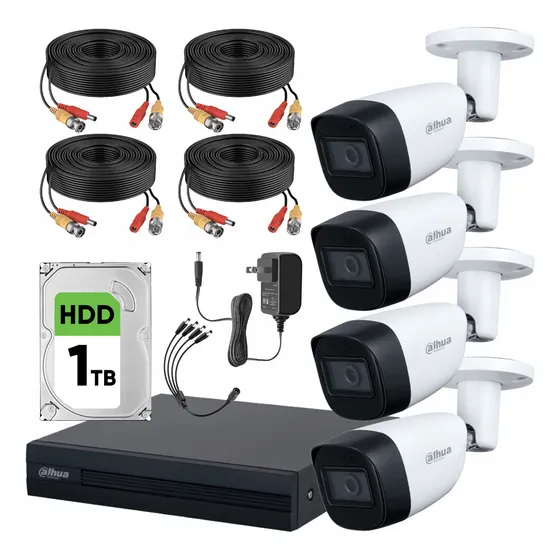 Kit de Videovigilancia Cronos 4 Cámaras Dahua Bala Metálicas 2 MP Micrófono Integrado + Disco Duro 1 TB + Cables + Accesorios - Kit CCTV KITXVR1B04-I (DVR Dahua XVRB104-I Circuito Cerrado)