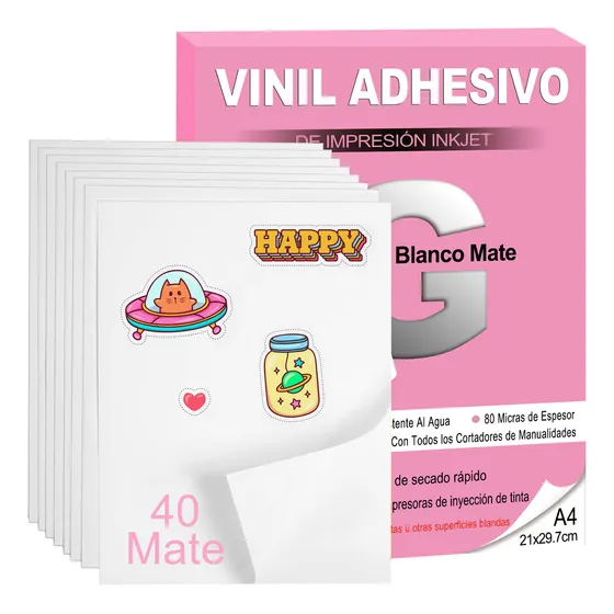 40 Vinil Para Impresión Inkjet Adhesivo A4 Blanco Matte