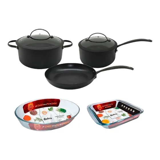 Set Bateria Aluminio Total Black  Fuentes Vidrio 7 Piezas
