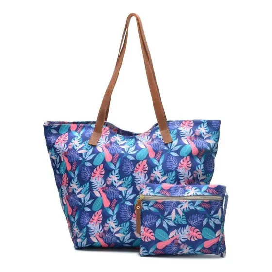 Bolsa Feminina Saco Estampada Floral Zíper + Necessaire Cor Azul