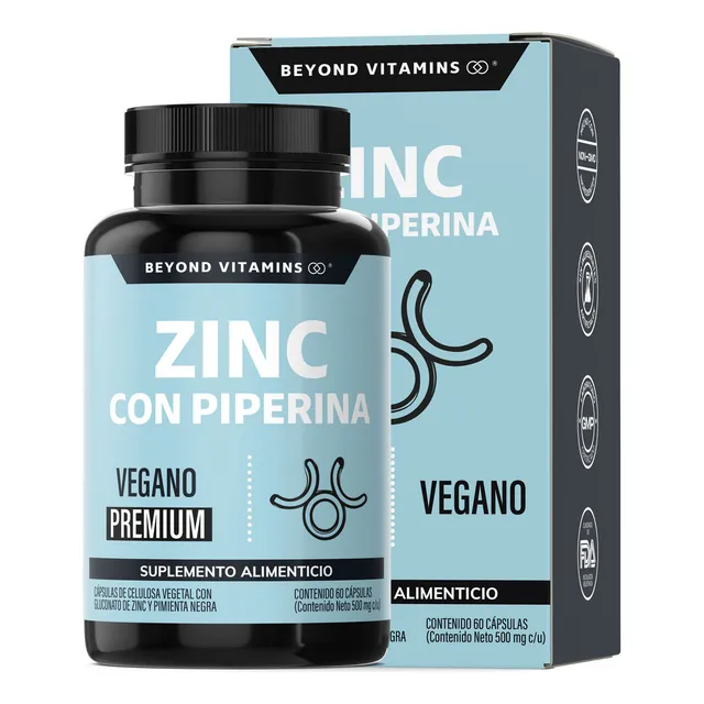 Beyond Vitamins | Zinc 20mg (gluconato De Zinc) Potenciado Con Piperina Estandarizada Al 95%, Apto Para Dietas Veganas, Premium - Pimienta Negra - (60 Cápsulas)