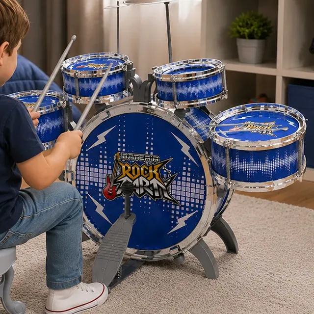 Bateria Infantil De Brinquedo Musical Mini Tambores Rock Azul