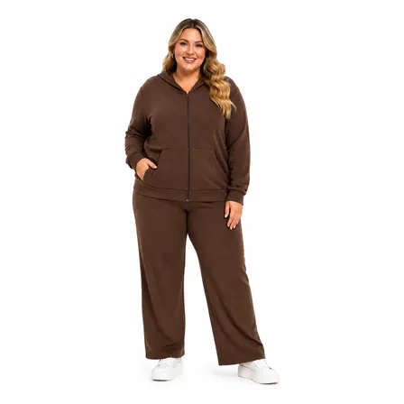 Conjunto Feminino Plus Size Elegante Tendência Capuz Bolsos Marrom G4
