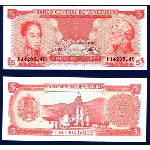 Billete 5 Bolívares H8 Septiembre 21 1989 Bolívar Y Miranda