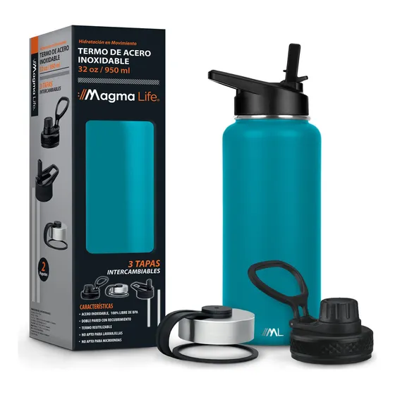 Magma Life Termo para Café y Agua de Acero Inoxidable 32 Oz (950 ml): Contiene 3 Tapas para Diferentes tipos de Bebidas, Ideal para Mantener la Temperatura Deseada (azul petróleo)