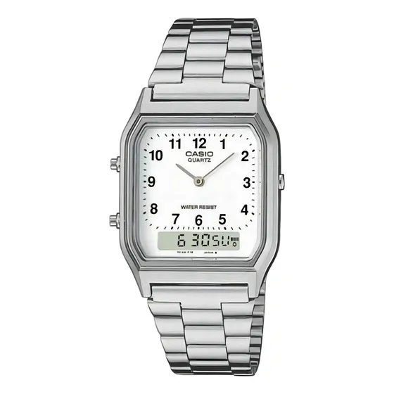 Relógio Casio Vintage Prata AQ230 7BMQ Fundo Branco Caixa e Pulseira em Aço Anadigi