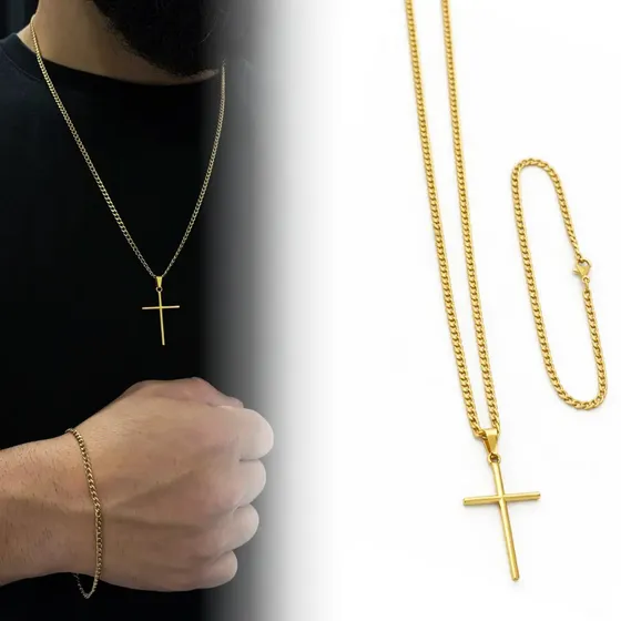 Corrente Cordão Masculino Aço Inox Banhado A Ouro 18k + Pulseira E Pingente Cruz Crucifixo Correntinha Masculina Grumet Gourmet 1x1 Banhada Escama De Peixe Escamada Colar 60cm Inoxidavel Fina 3mm — foto 2