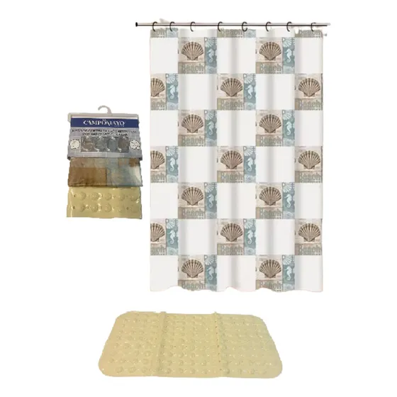 Juego Cortina Baño Estampada Alfombra Anti Hongos Ganchos