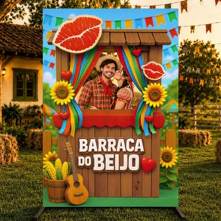 Painel Para Fotos Festa Junina Barraca Do Beijo Interativo Vazado Em Tecido 1,50x2,20m Criatema Barraca De Beijos