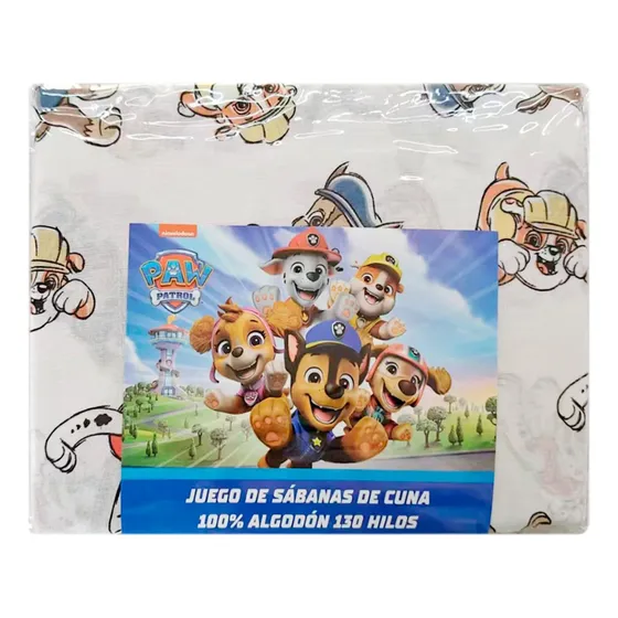 Juego Sábanas Para Cuna 130 Hilos Paw Patrol 100% Algodón Color Blanco