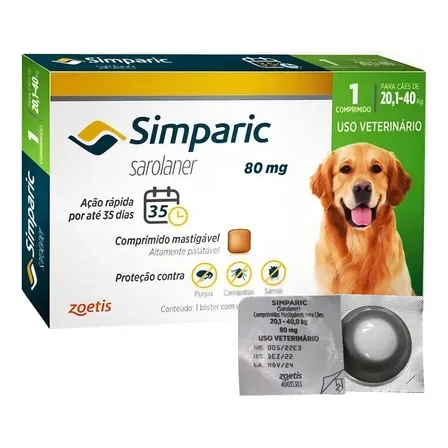 Zoetis Simparic 80mg Antipulgas Carrapatos Cães 20-40kg 1 Comprimido Cinza