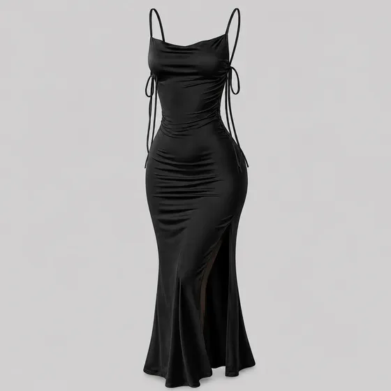 Vestido Justo Longo Costas Nuas Fenda Lateral Colado Preto