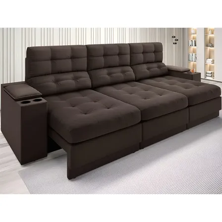 Sofá Retrátil Reclinável 4 Lugares Eureka 2,30m Velosuede USB Porta Copos Chocolate