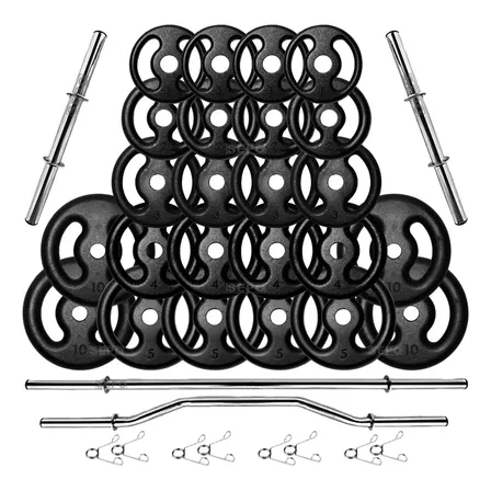 Kit Musculação 100kg Anilhas Com Barras 36 Peças Completo Preto