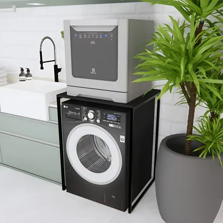 Balcão Lava Louças Armário Lava Roupas Metal Resistente Tampo Preto - Metal Preto