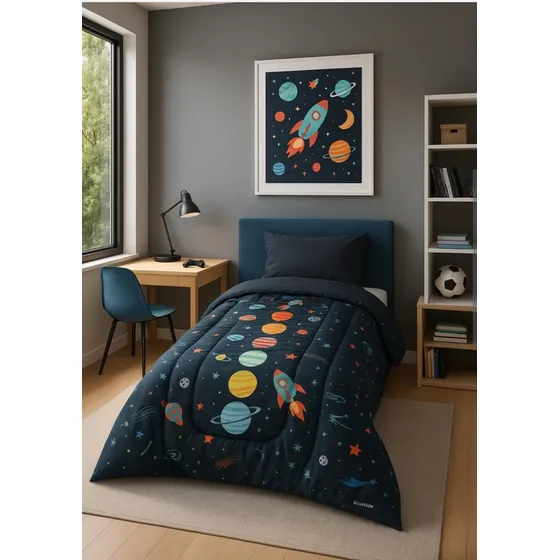 Acolchado Planetas Cohetes  Infantil 1 Plaza Y Media +1funda