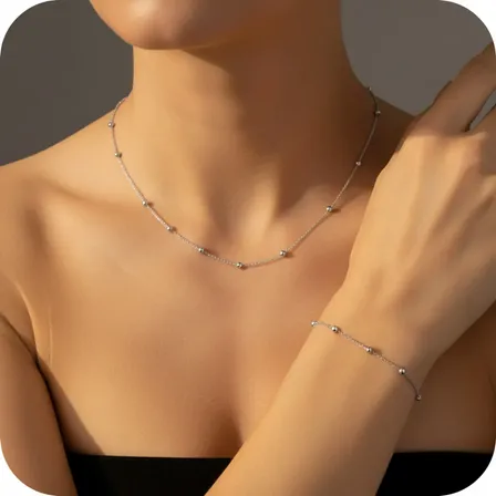 Conjunto Com Bolinhas Colar E Pulseira A Prata 925 Luxo Prata 925