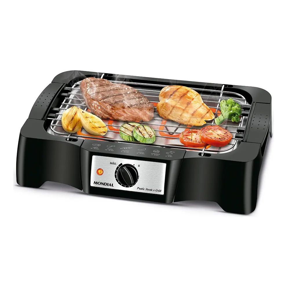 Churrasqueira elétrica Mondial Pratic Steak & Grill modelo CH-07 na cor preta com carnes e vegetais sendo grelhados na grade
