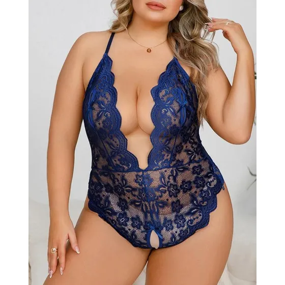 Sexy Conjunto De Lencería Encaje Con Descote En V Talla Plus