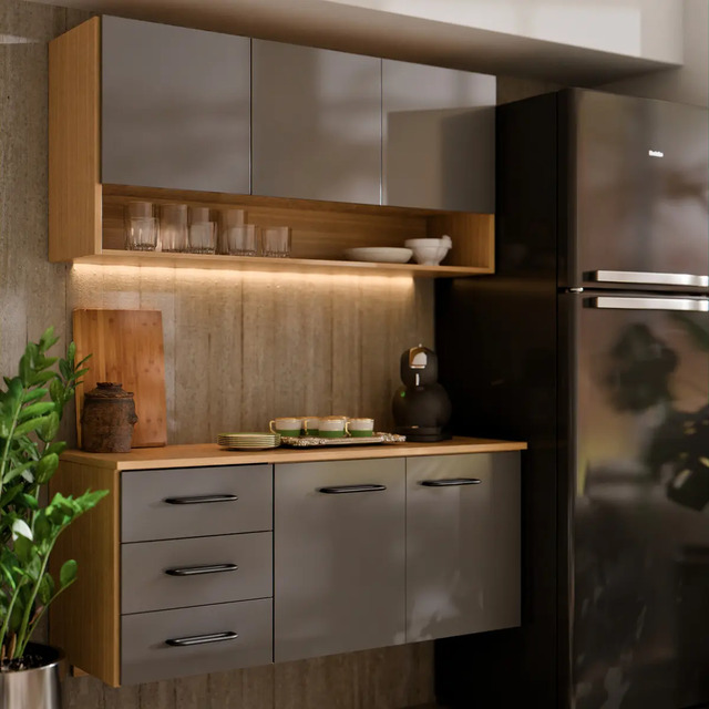 Armário De Cozinha Completo Balcão 5 Portas E 3 Gaveta Aéreo Cinza Grafite Carvalho Nature Armário De Cozinha Completo Balcão 5 Portas E 3 Gaveta Aéreo Cinza Grafite Carvalho Nature