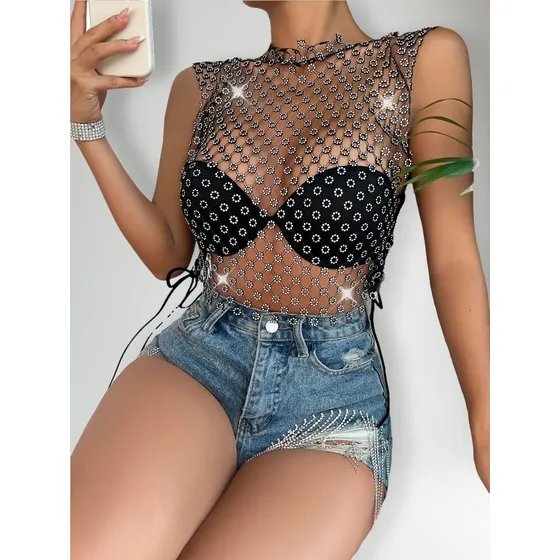 Polera Tipo Malla Con Brillos Ajustable Para Mujer 