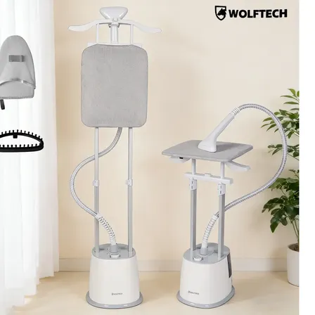 Plancha A Vapor Vertical Ropa 1800w 2 En 1 Con Tabla Soporte Color Gris Marca Wolftech