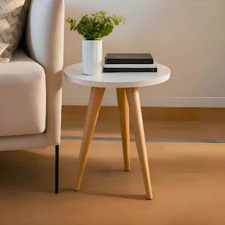 Mesa Lateral Redonda Pequena Decorativa Macramiss Mesinha De Centro Canto Apoio Retro Cabeceira Mudo Tripé Pés Palito... Premium Branco/freijó