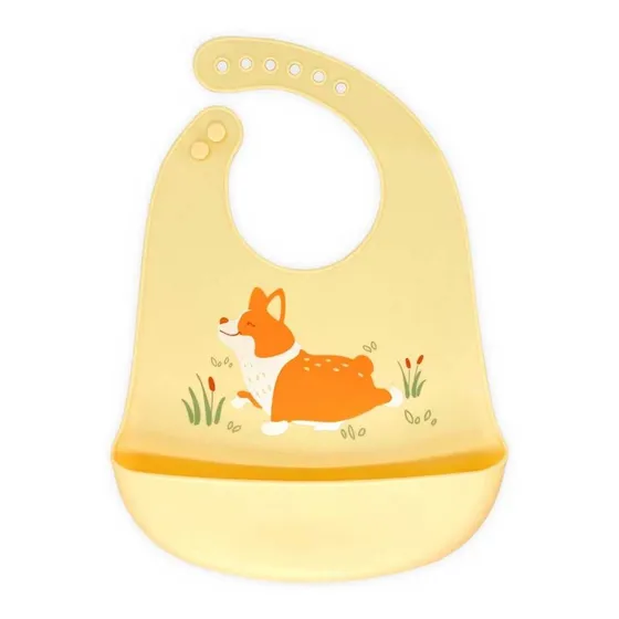 Babero Bebe Silicona Impermeable Regulable Bolsillo Dibujo Perro Amarillo