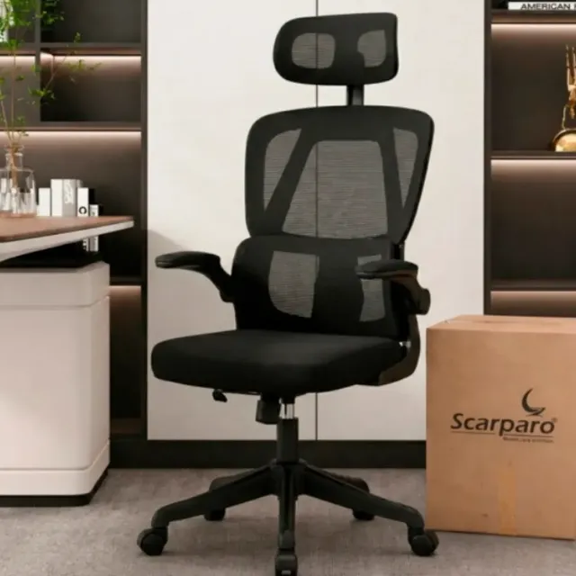 Cadeira De Escritório Ergonômica Com Apoio Lombar E Apoio De Cabeça Preta Com Estofado De Mesh