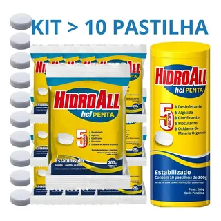 Kit 10 Tabletes Pastilha Penta 5x1 Hidroall 200gr Piscina