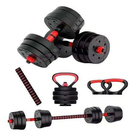 Set Convertible En Barra Larga, Mancuernas Y Pesa Rusa 20kg
