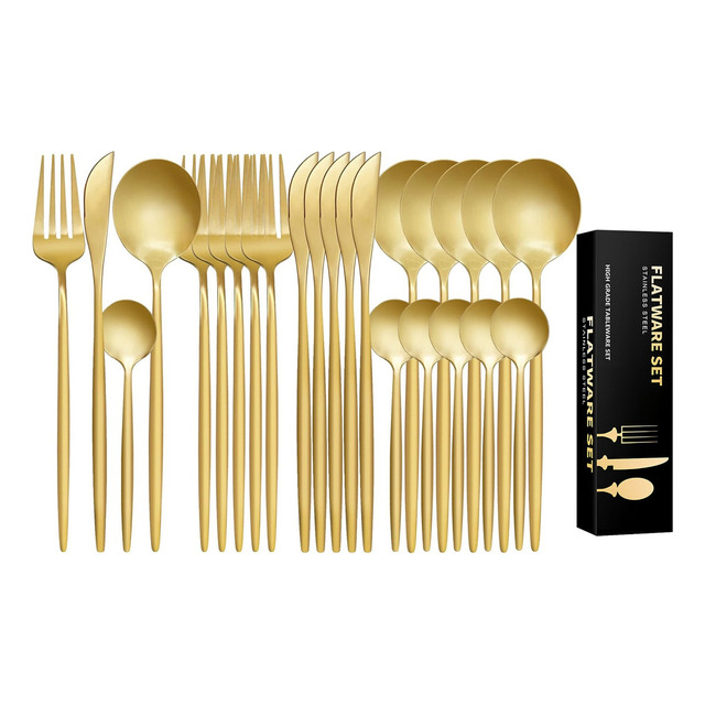 Kit 24 Peças Jogo De Talheres Dourados Aço Inoxidável 416 Cor Dourado Kit 24 Peças Jogo De Talheres Dourados Aço Inoxidável 416 Cor Dourado