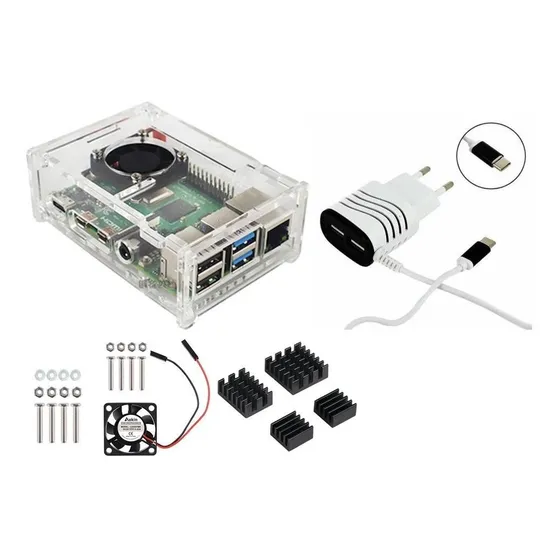 Case Proteção Raspberry Pi4+ Cooler+dissipadores+ Fonte 3.1a