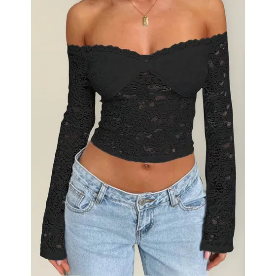 Remera Top Importada Encaje Manga Larga Off Shoulder Mujer