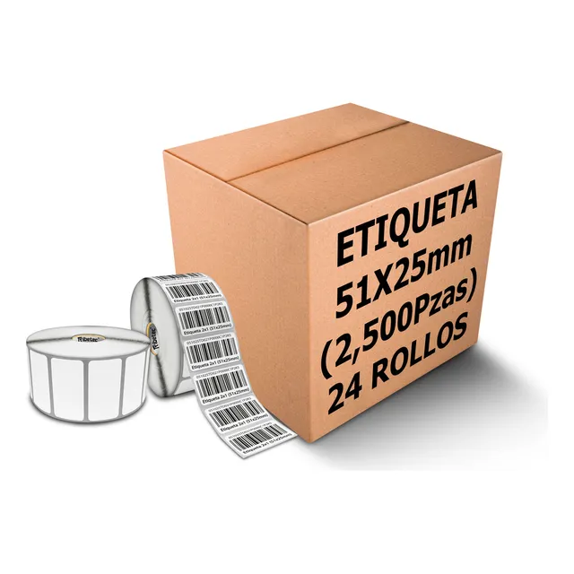 24 Rollos Etiqueta Térmica 2x1 (51x25 Mm) Full 2,500 Pzs C/u Color Blanco