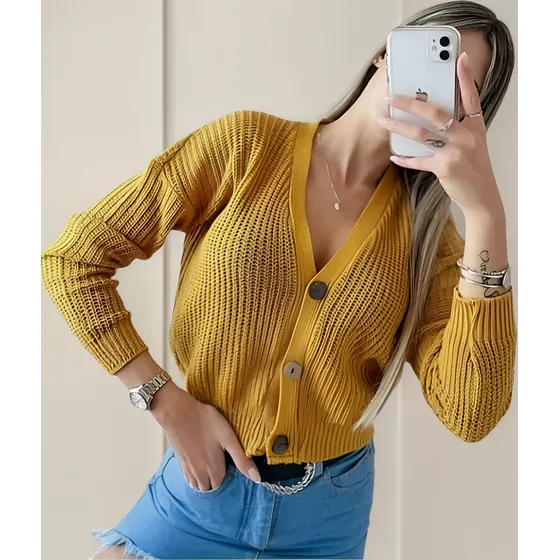 Saco Cardigan Corto Lana Tejido Botón De Mujer