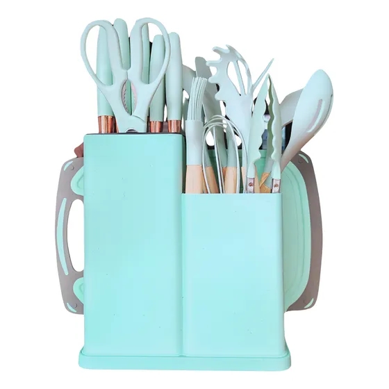 Juego De 19 Utensilios De Cocina Mango Madera Punta Silicona
