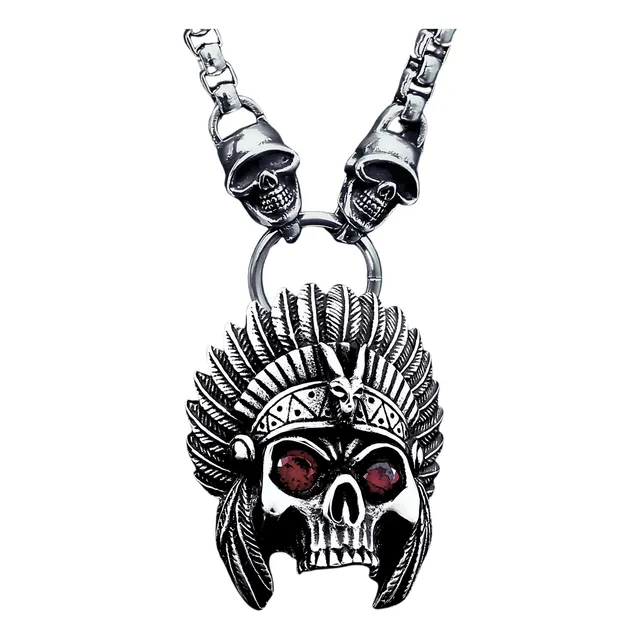 Collar Para Hombre Con Dije Indio Cráneo Plumas Color Plata