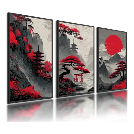 Kit 3 Quadros Decorativos Paisagem Japonesa Arte Oriental Preto