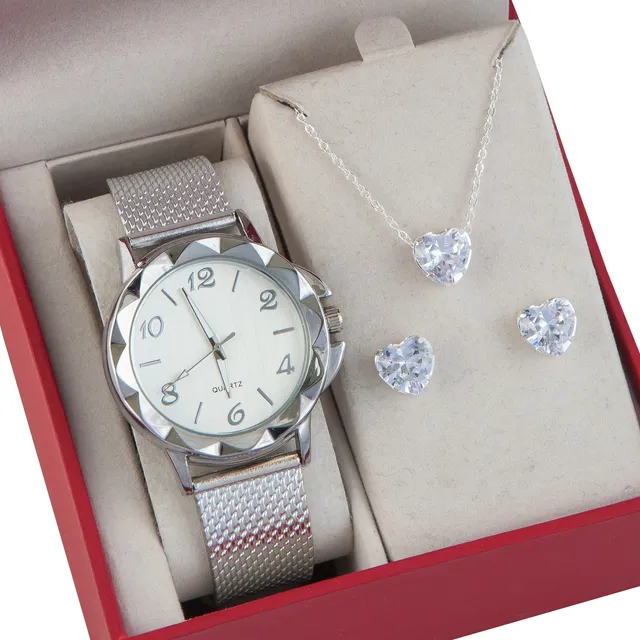 Relógio Feminino+ Colar Pingente Brincos Folheado A Ouro 18k