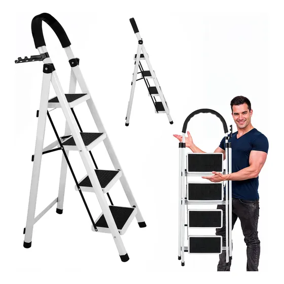 Escalera De Acero Inoxidable Tipo Tijera Plegable 4 Peldaños Color Blanco/Negro
