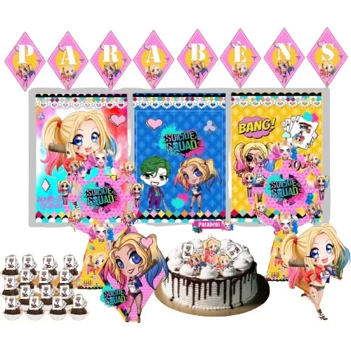 Topo De Bolo Arlequina Kit Completo Decoração Aniversario