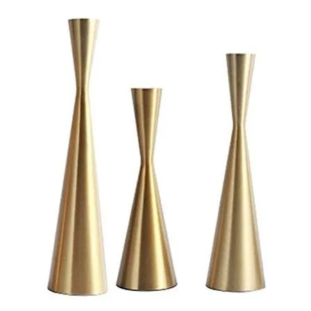Juego 3 Portavela Conica Metal Dorado Laton Centro Mesa