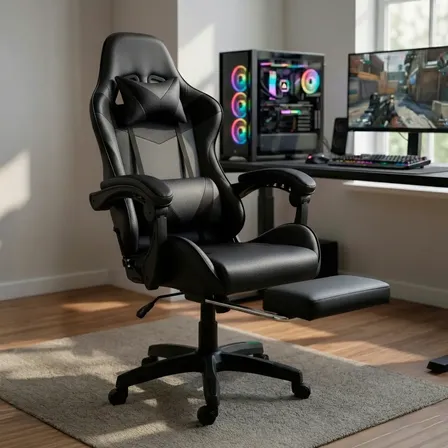 Cadeira Gamer Jogos Setup Profissional Ergonômica Reclinavel Preto Couro Sintético