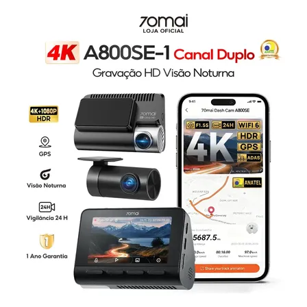 Câmera Veicular Automotiva Carro Dupla 4k+1080p 70mai Dash Cam A800SE-1 Gps HDR Visão Noturna F1.55 ADAS WiFi App Bluetooth Supercapacitor Monitoramento de Estacionamento 24H Imagem em Imagem 3" Tela