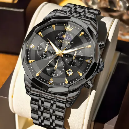 Olevs Relógio Masculino Original Preto Aço Quartzo Luxo 3673 Preto