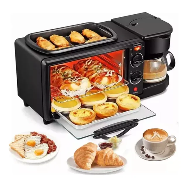 Horno 3 En 1 Maquina De Desayuno Sarten Cafetera Mini Horno