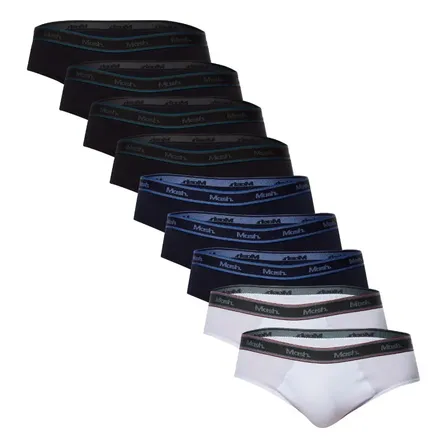 Kit Com 10 Cueca Slip Masculino Mash Preto/ Azul Marinho / Branco Liso G